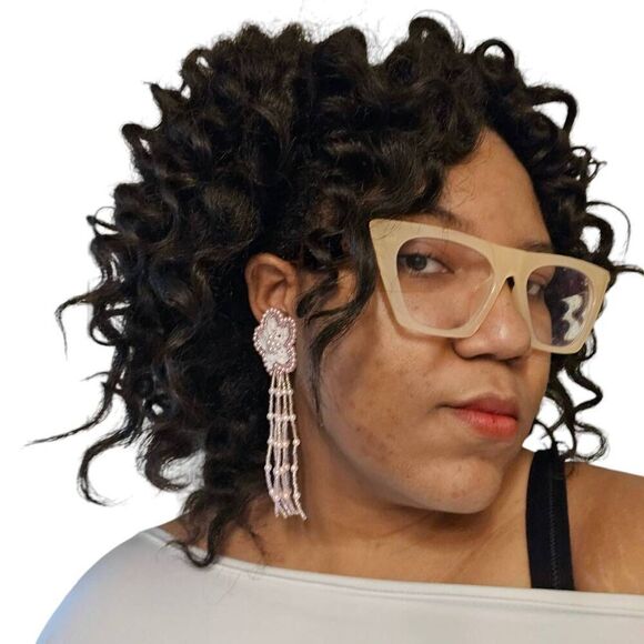 Baby Pink Vintage Flower Runway Crystal Applique Beaded Fringe Clip-On Earrings - Picture 1 of 4